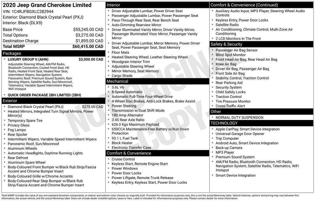 2020 Jeep Grand Cherokee Limited Dual-Pane Panoramic Sunroof