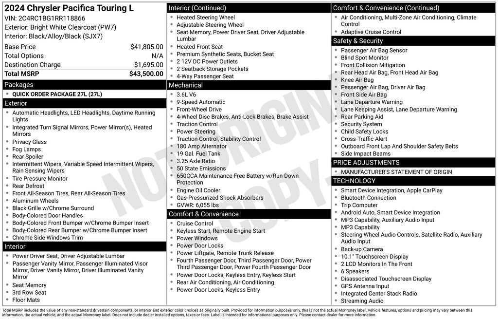 2024 Chrysler Pacifica Touring L Radio: Uconnect 5 w/10.1" Display