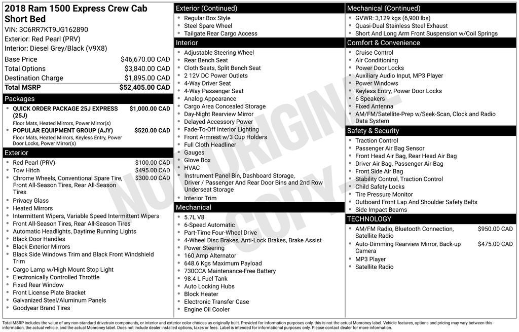 2018 RAM 1500 Express Popular Equipment Group