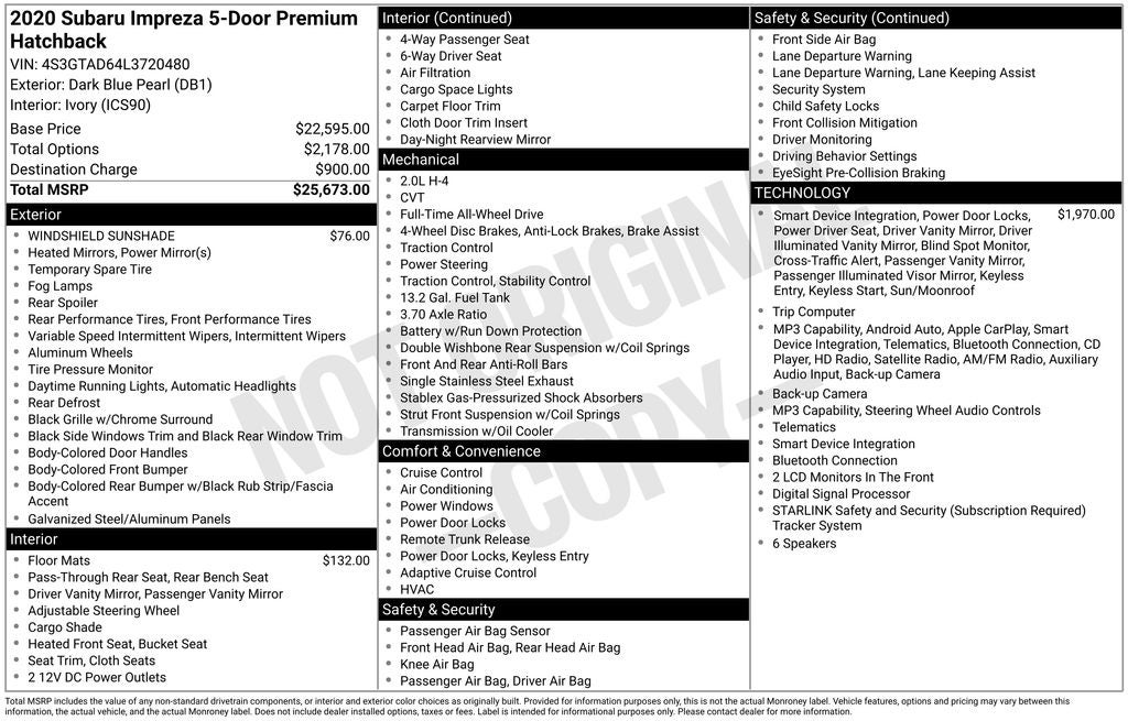 2020 Subaru Impreza Premium Power Moonroof