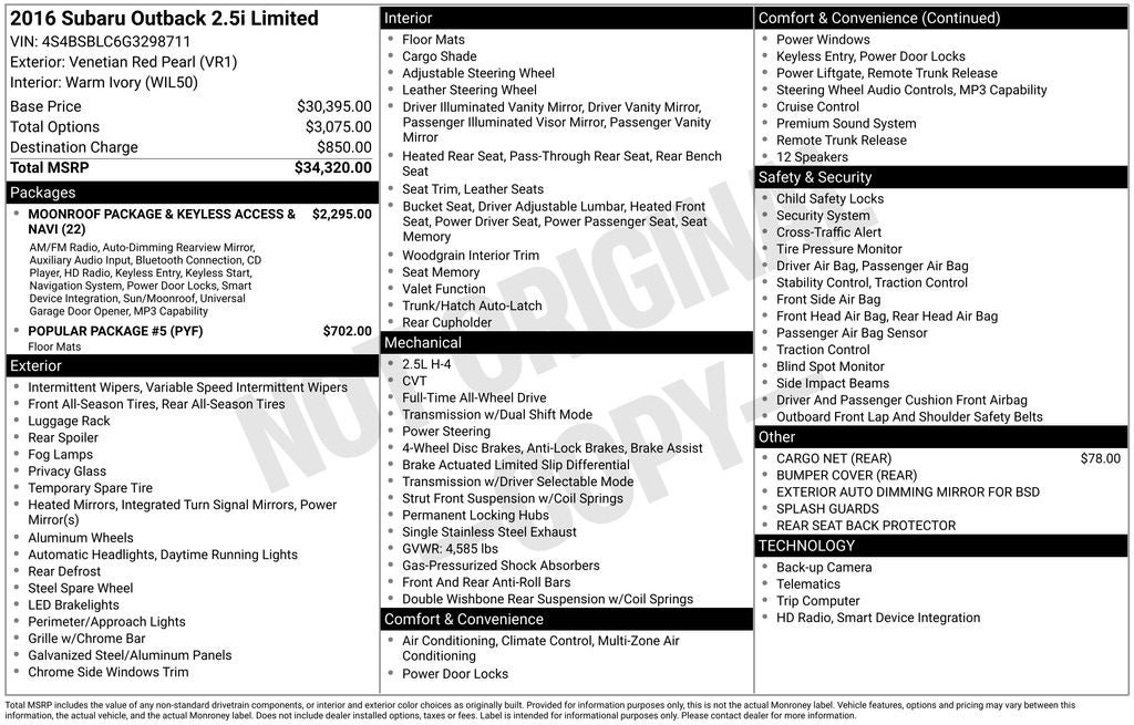 2016 Subaru Outback 2.5i Limited