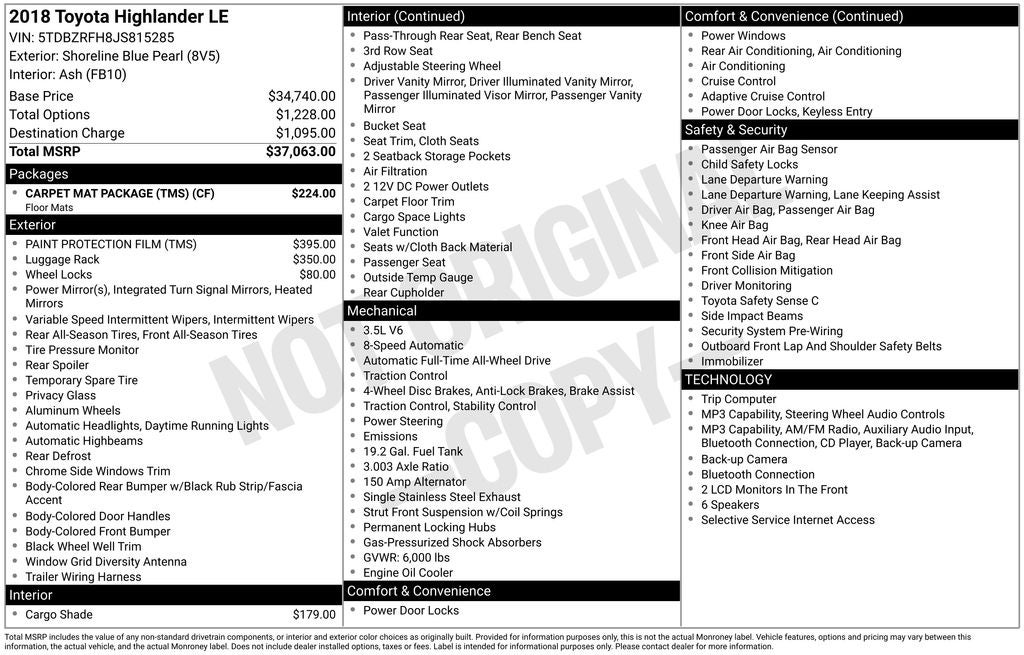 2018 Toyota Highlander LE 3rd row seat