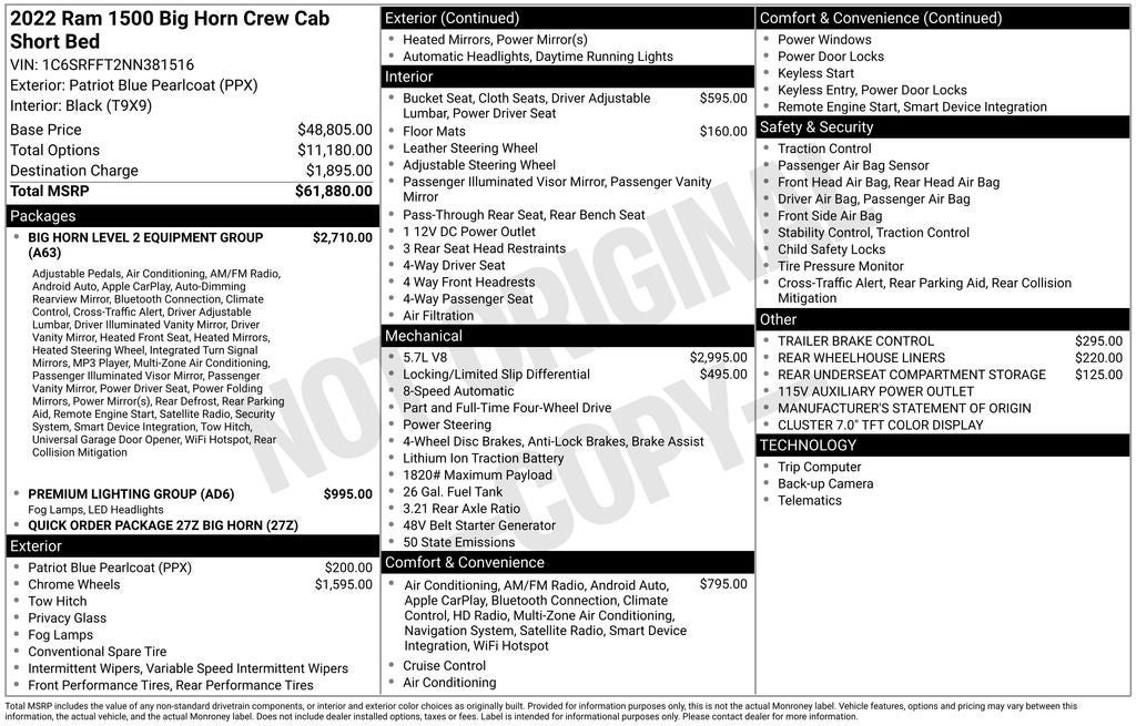 2022 RAM 1500 Big Horn/Lone Star CREW CAB 4X4 NAVI 5.7L HEMI V8 HEATED SEATS REAR