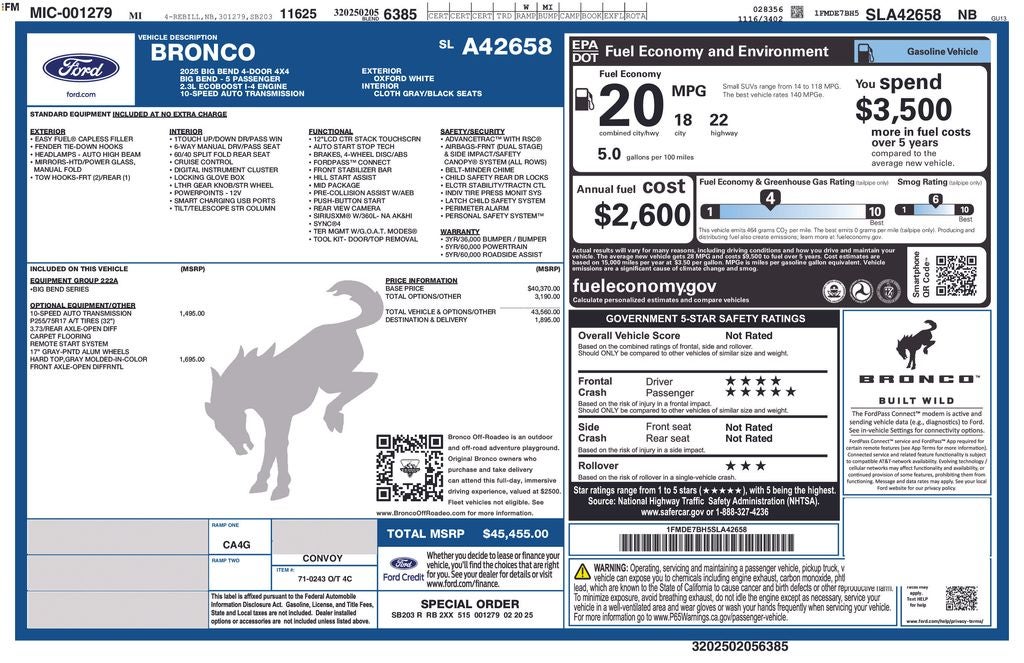 2025 Ford Bronco Big Bend 2.3 Ecoboost 4x4 MID PKG Hard Top Rear Camera Sync