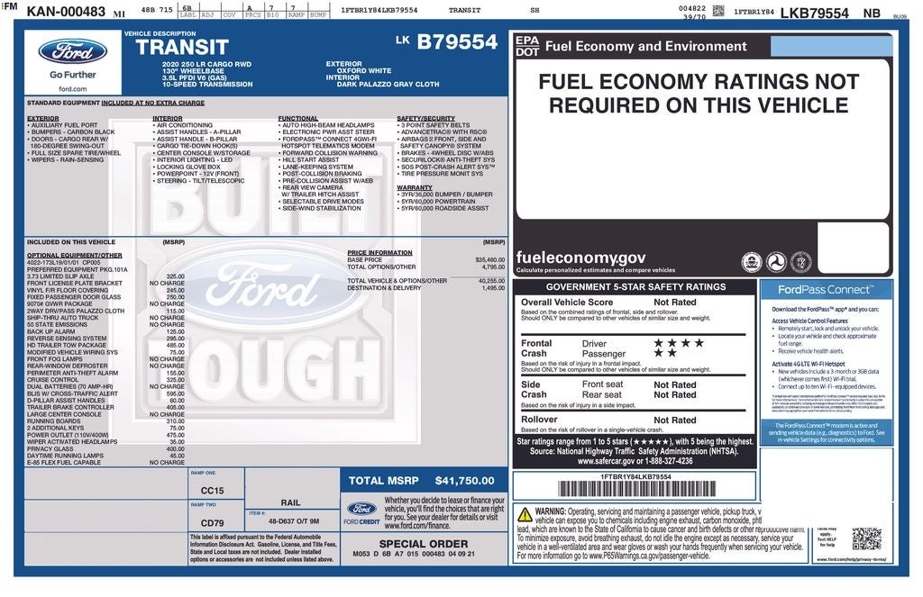 2020 Ford Transit-250 Base Low Roof Cargo Upfited Rear Racks and Bins