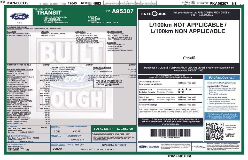 2023 Ford Transit-250 Base Crew AWD Highroof Cargo Van 148" WB 3.5L Ecoboost