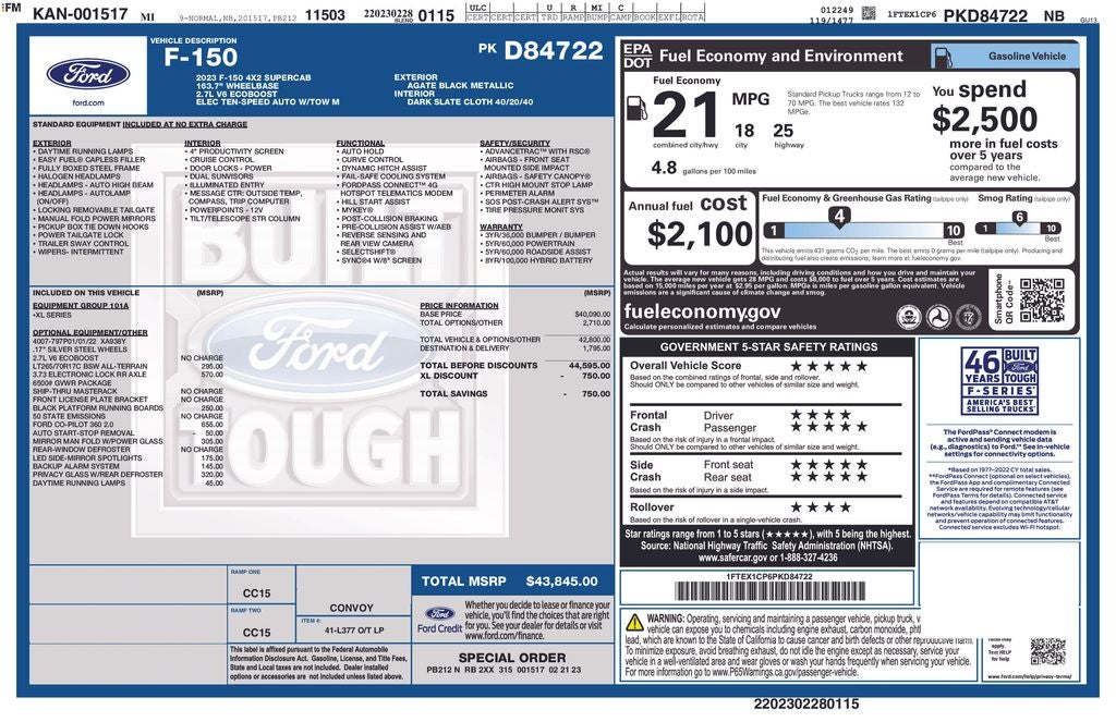 2023 Ford F-150 XL Ext Cab 2.7 Liter Ecoboost Rear Camera Long Box