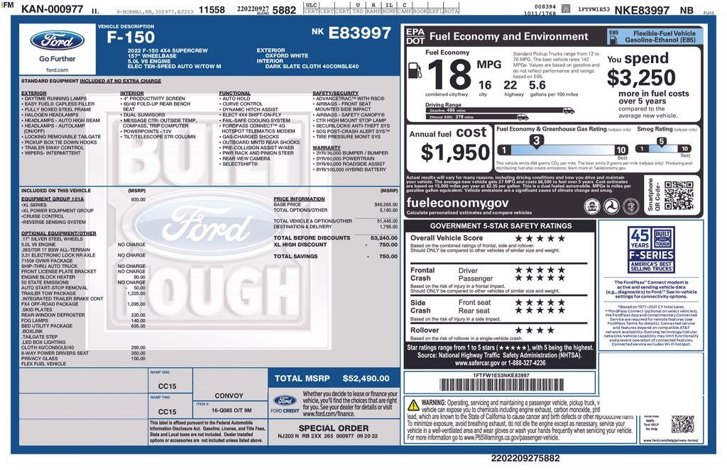 2022 Ford F-150 XL CREW CAB FX4 OFF ROAD PKG 5.0 LITER V8 TOW PKG