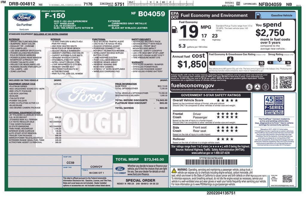 2022 Ford F-150 Platinum Twin Panel Roof Int Work Surface Tow Co-Pilot360 A