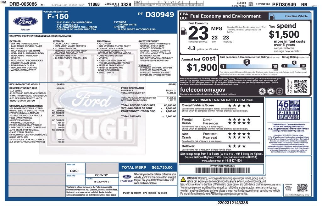 2023 Ford F-150 XLT HYBRID TWIN PANEL ROOF 20 ' BLACK ALLOYS REAR SLID