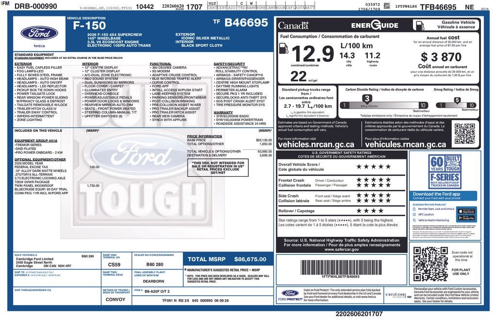 2026 Ford F-150 Tremor TWIN PANEL ROOF BLUE CRUISE NAV 360 CAMERA 4X4