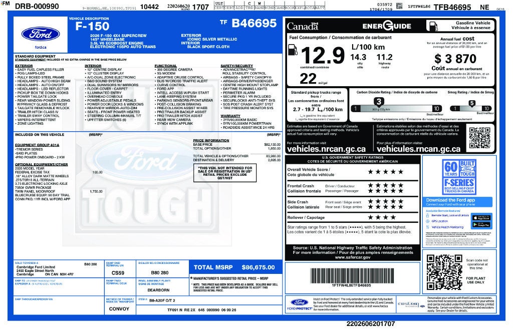 2026 Ford F-150 Tremor TWIN PANEL ROOF BLUE CRUISE NAV 360 CAMERA 4X4