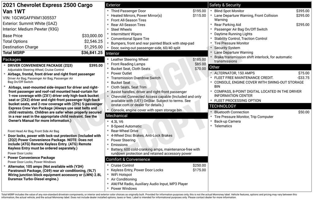 2021 Chevrolet Express 2500 Work Van Cargo