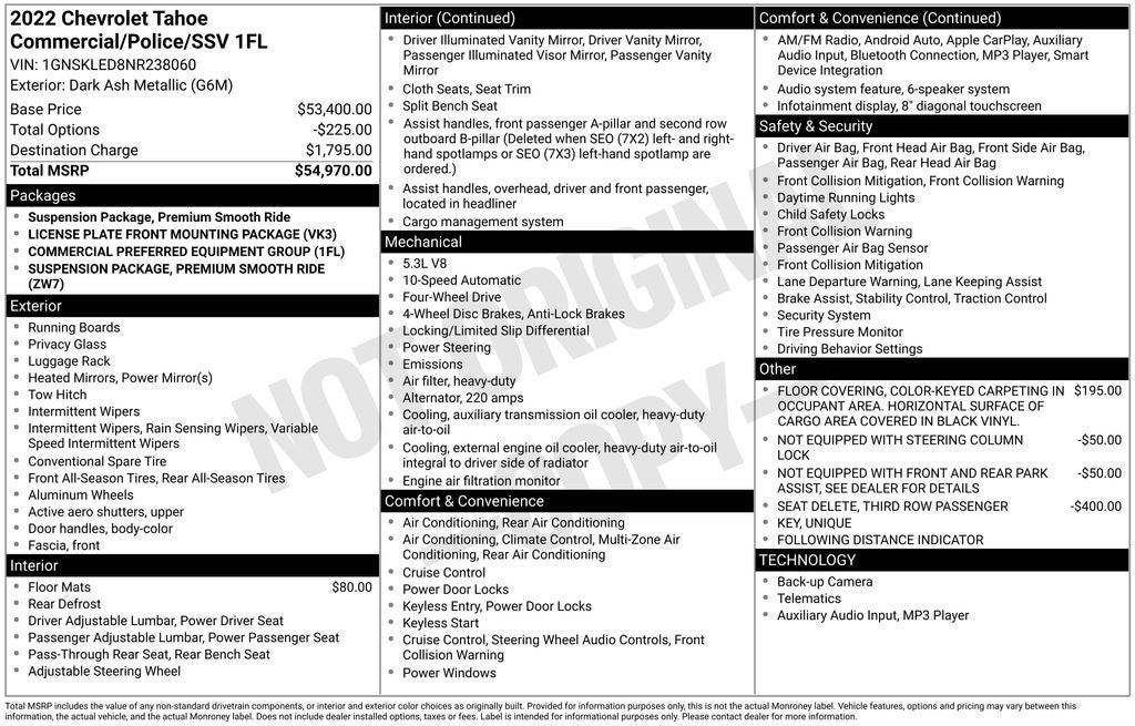2022 Chevrolet Tahoe Commercial Fleet 4x4 Rear Camera 5.3 Liter V8