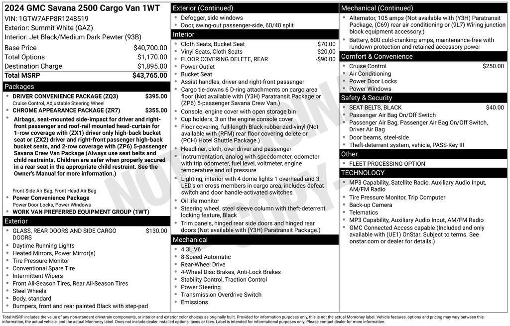 2024 GMC Savana 2500 Work Van LOW ROOF CARGO WORK VAN REAR CAMERA