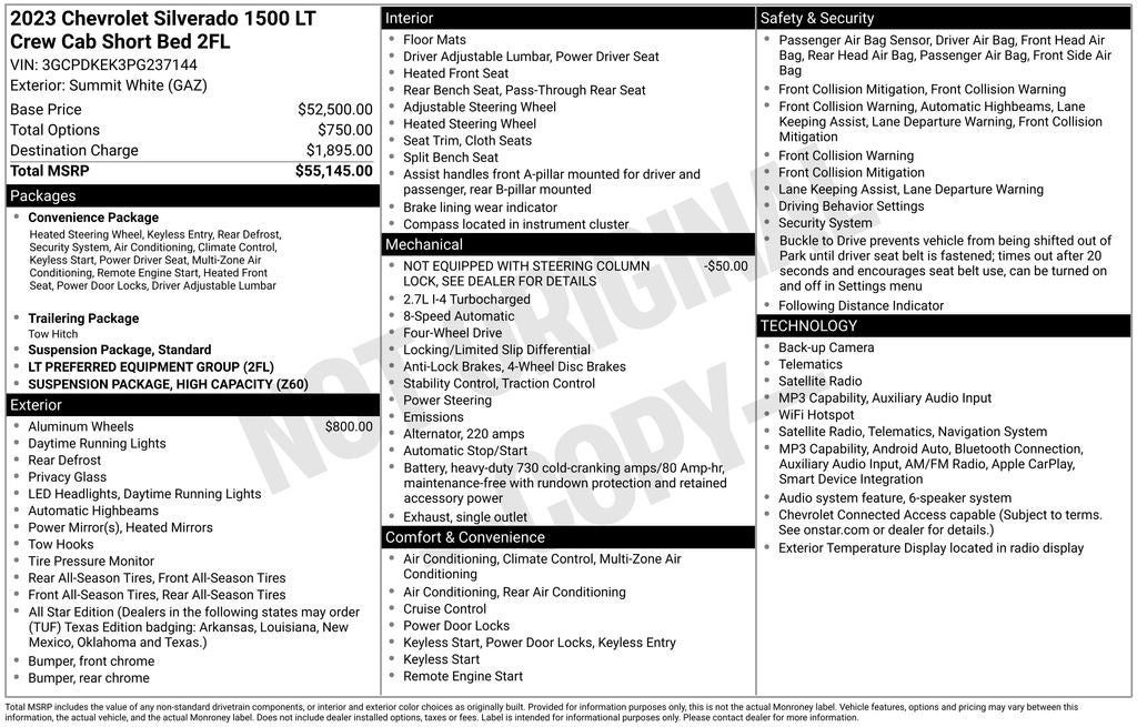 2023 Chevrolet Silverado 1500 LT CREW CAB 4X4 REAR CAMERA 20" PAINTED ALUMINUM WH