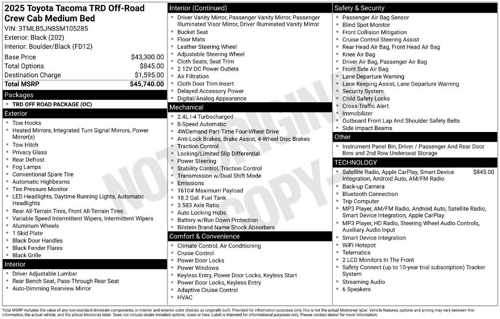 2025 Toyota Tacoma TRD Off-Road TRD OFF ROAD PKG 4x4 Adaptive Cruise Lane Departur