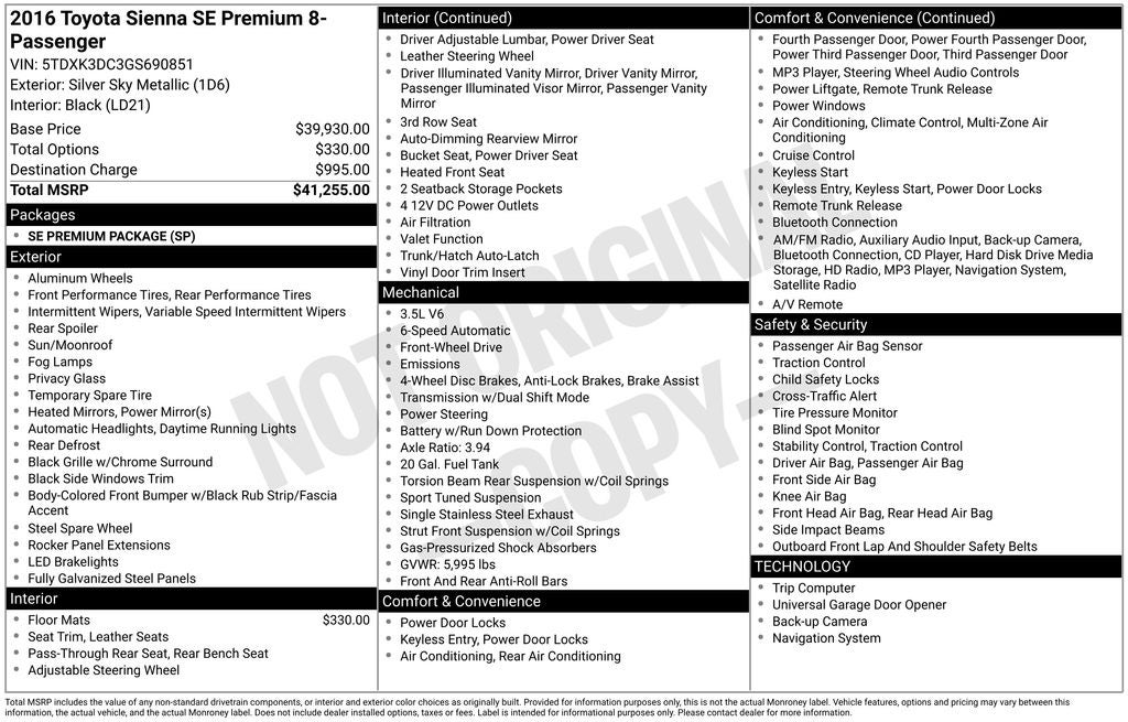 2016 Toyota Sienna SE Premium 8 Passenger