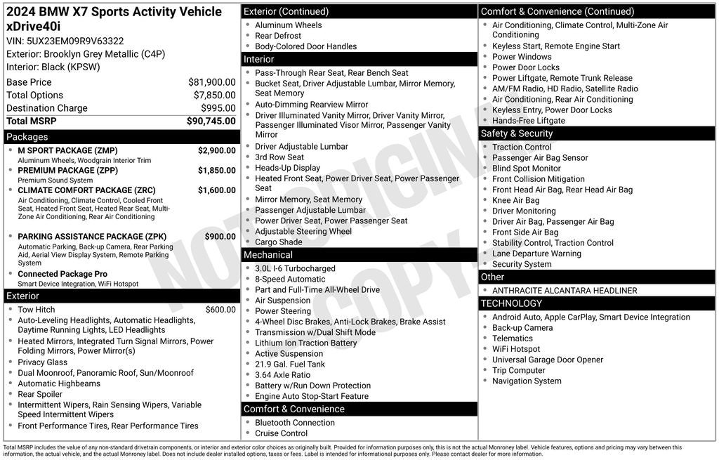 2024 BMW X7 xDrive40i M Sport Pkg Premium Climate Comfort Pkg Parking As