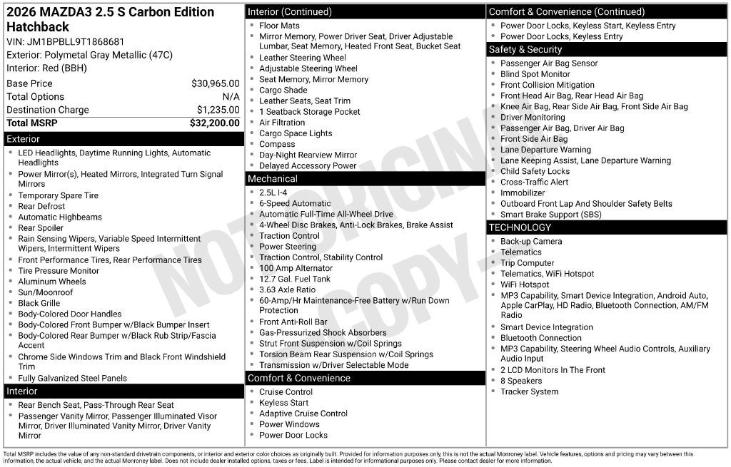 2026 Mazda Mazda3 2.5 S Carbon Edition AWD Heated Leather Moonroof R Camera Bose