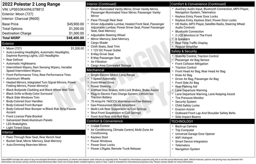 2022 Polestar 2 Long Range Single Motor Navigation Assistance Rear Camera Dual Power Heate
